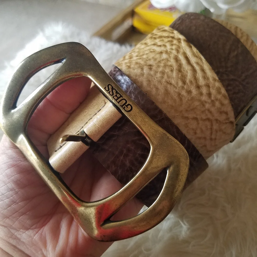 Guess Genuine Leather Ombre Brown Beige Belt with Brass Buckle Like NEW